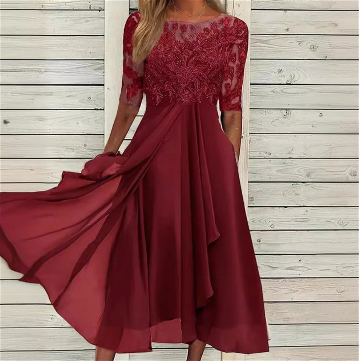Robes élégantes pour la mère de la mariée, en dentelle avec appliques, manches 3/4, en mousseline fluide, robe mi-longue, pour invitées de mariage, soirée, cocktail
