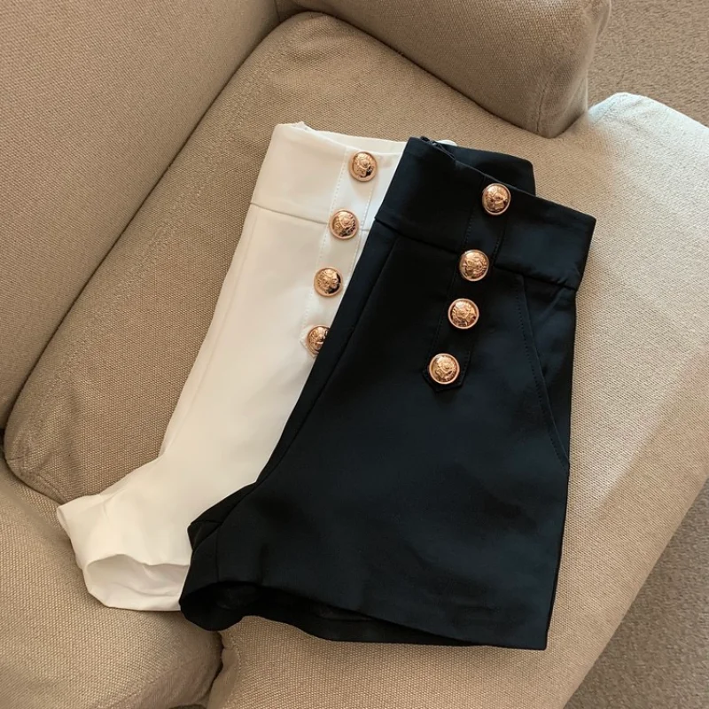 Shorts noirs imbibés pour femmes, pantalons à double boutonnage, jambe large, vêtements d'extérieur décontractés sauvages, chauds, châssis, nouveau