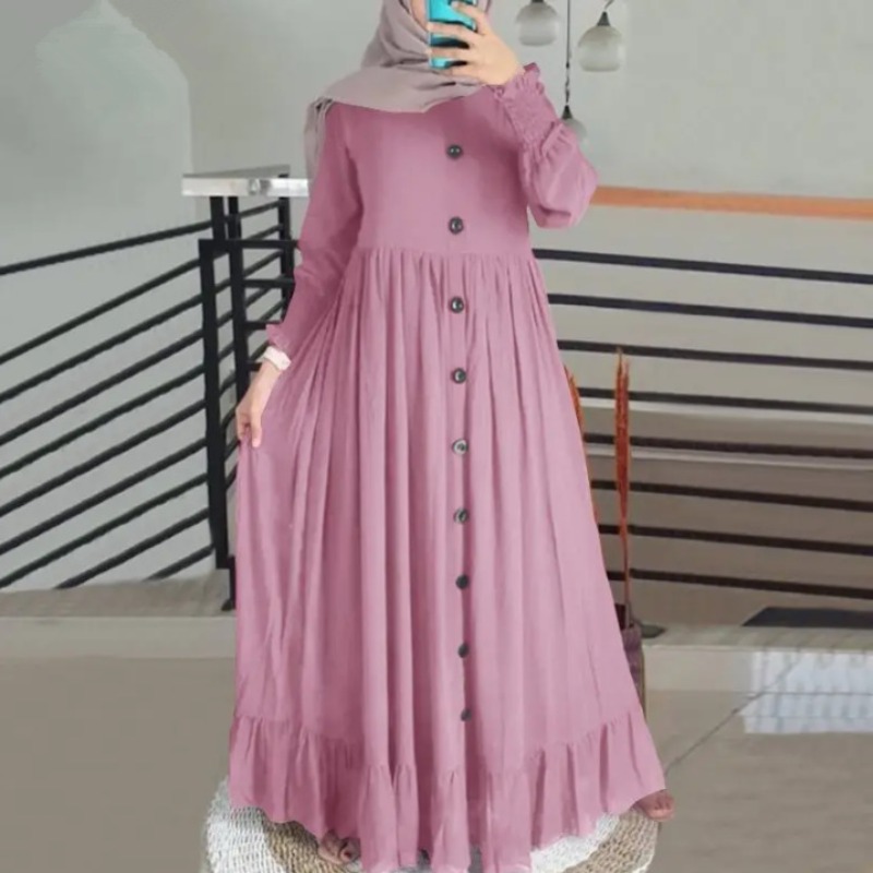 Robe Abaya islamique en coton et chanvre, rétro, décontractée, muselmane, ample, col rond, à volants, pour femmes, nouvelle collection 2024