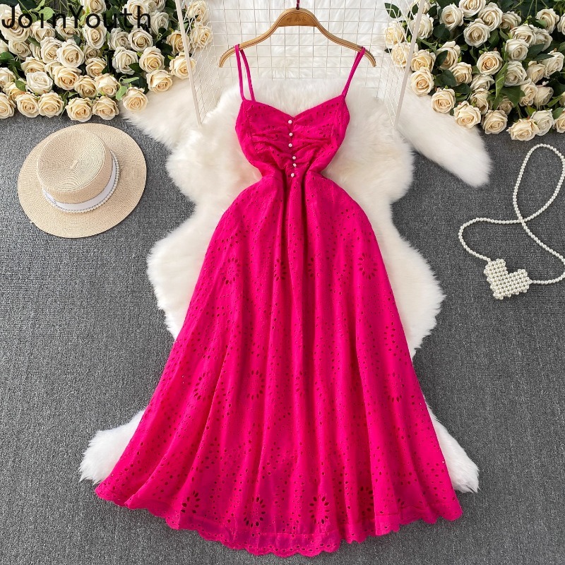 Robe rose Femme col en v manches robes femmes 2025 robes De Mujer évider broderie taille haute grande balançoire été Maxi Drrss