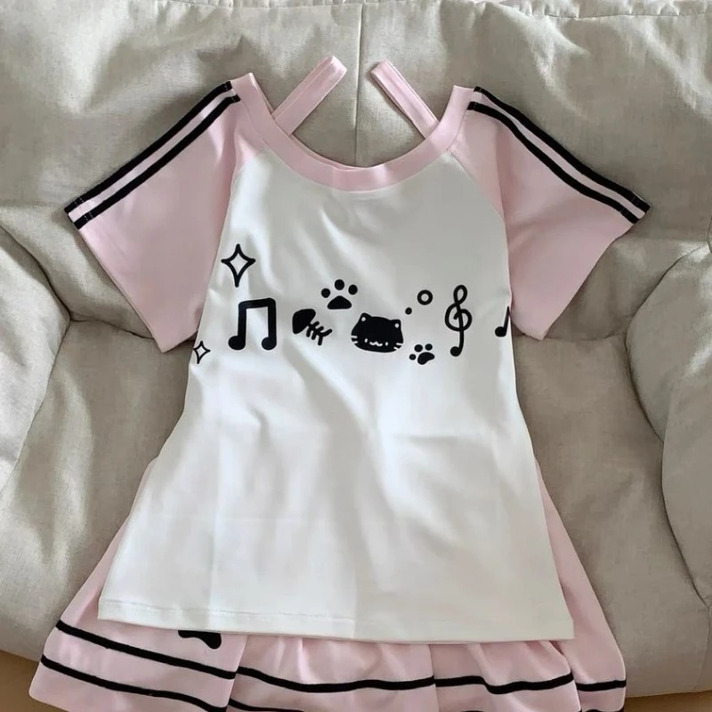 Ensemble 2 pièces de Style sous-culture japonais Kawaii pour femmes, haut à manches courtes imprimé chat mignon, Mini jupe trapèze, tenue d'été Lolita douce