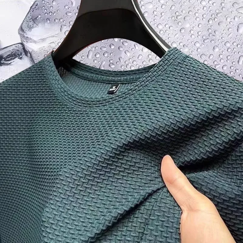 Été glace soie haut de gamme couleur unie haute qualité à manches courtes t-shirts hommes respirant mode T-Shirt mâle marque vêtements 5XL