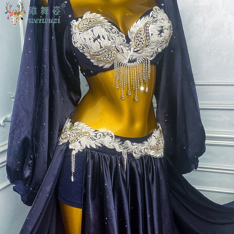 Ensemble de costumes de spectacle de danse du ventre pour femmes, soutien-gorge + jupe longue fendue en satin, 2 pièces, tenue de danse orientale personnalisée pour adultes et enfants