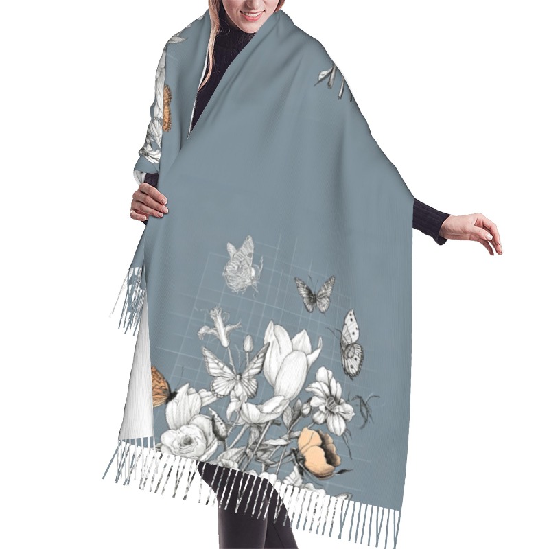 Écharpe en cachemire d'hiver à motif floral papillon pour femmes, châle de luxe imprimé, écharpe épaisse et chaude pour femme, cadeau.