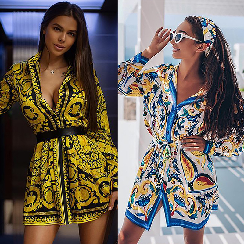 Printemps été nouvelles robes pour femmes avec Style bohème positionnement imprimé à lacets chemises à manches longues combinaisons jupes courtes