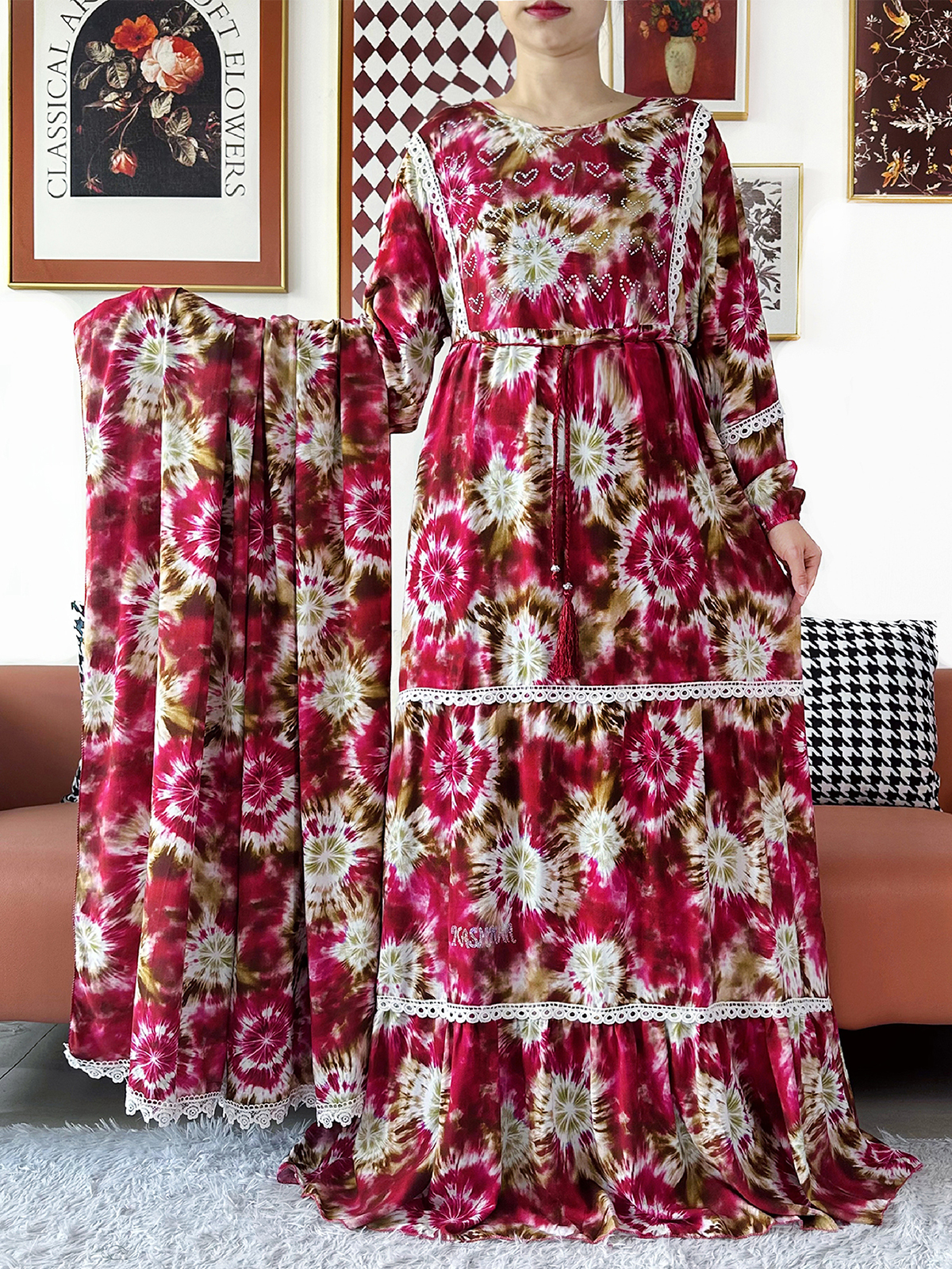 Nouvelle Robe de Soirée Kashkha pour Femme avec Grand Foulard, Abaya Florale en Coton, Boubou Africain, Kaftan Ample Musulman, Robe Longue pour le Ramadan