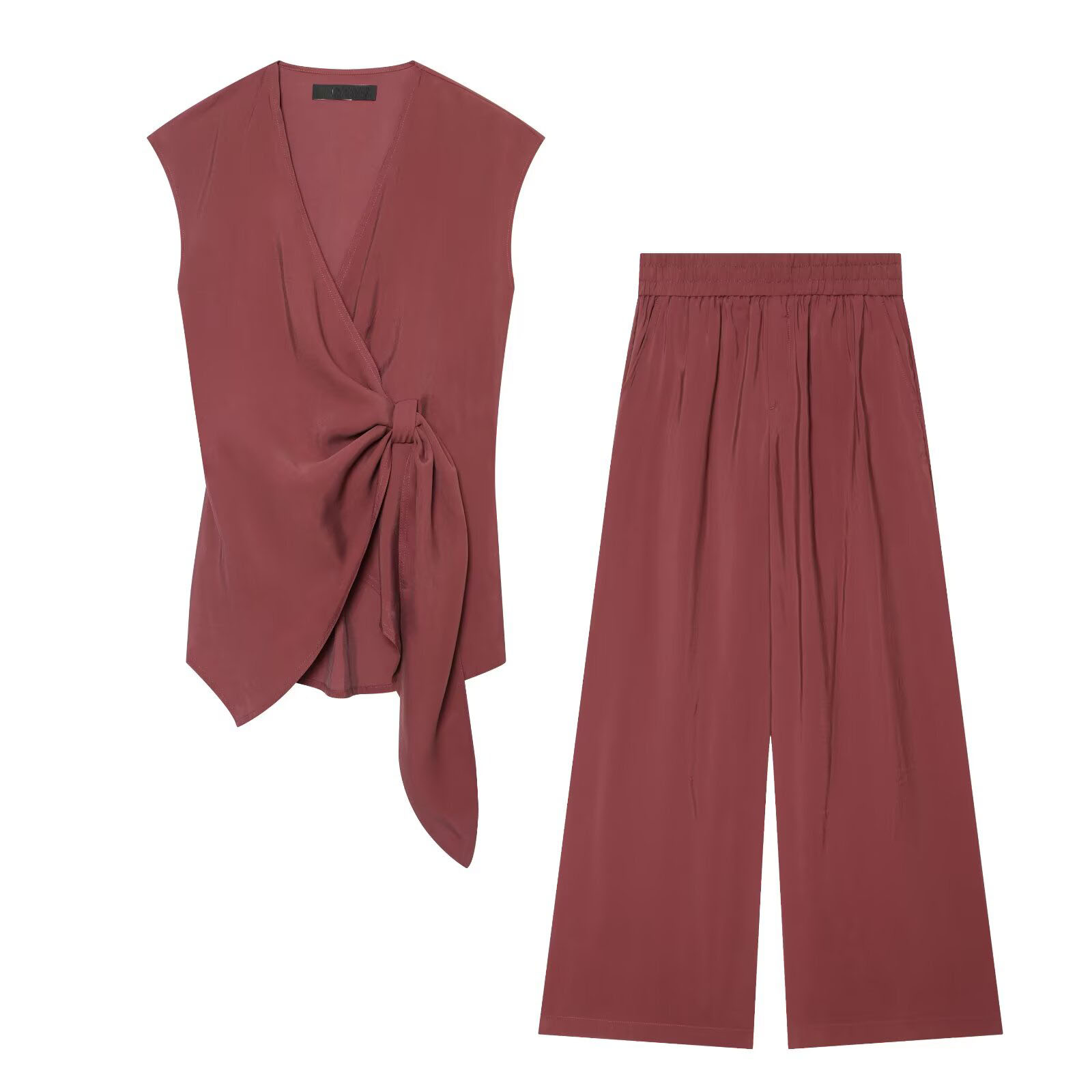 Ensemble deux pièces élégant en satin 2026 pour femme : Blouse sans manches à nouer et pantalon large taille haute – Tenue quotidienne