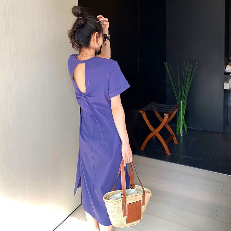 Robe mi-longue à manches courtes et col rond pour femmes, t-shirt dos nu décontracté, robe d'été monochromatique, vêtements tendance de la mode, nouveau document