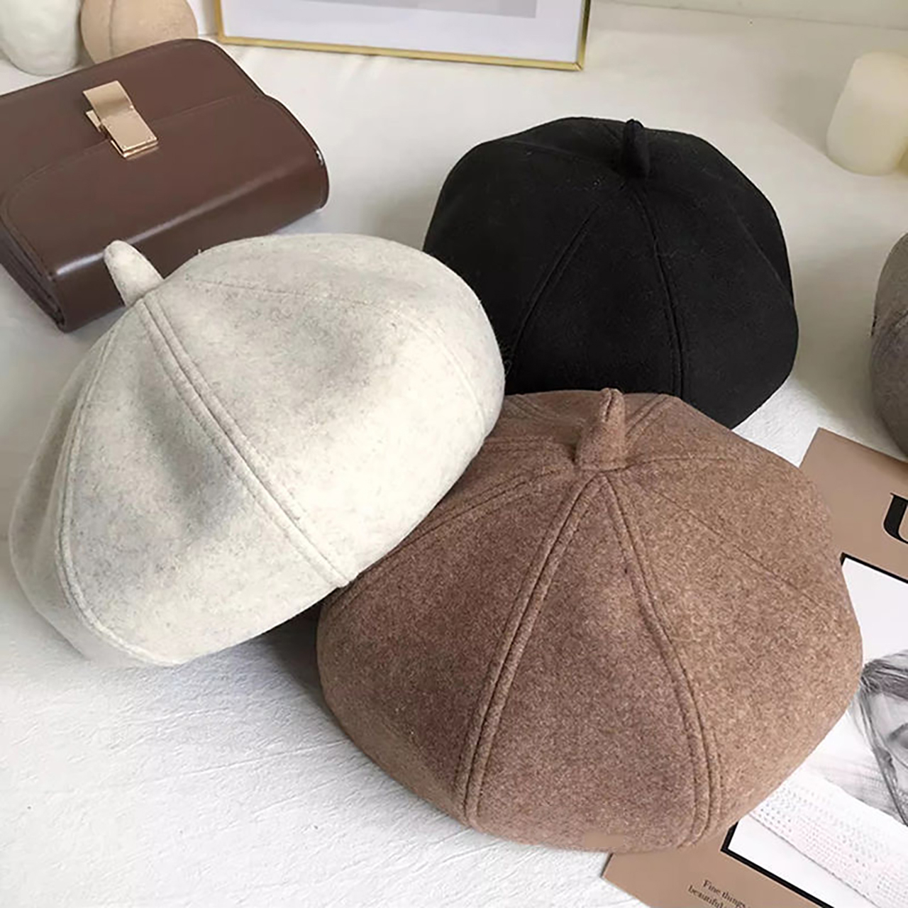 Bérets en laine chauds d'hiver pour femmes, casquette de peintre d'artiste coréenne de couleur unie, casquettes octogonales thermiques Vintage pour dames
