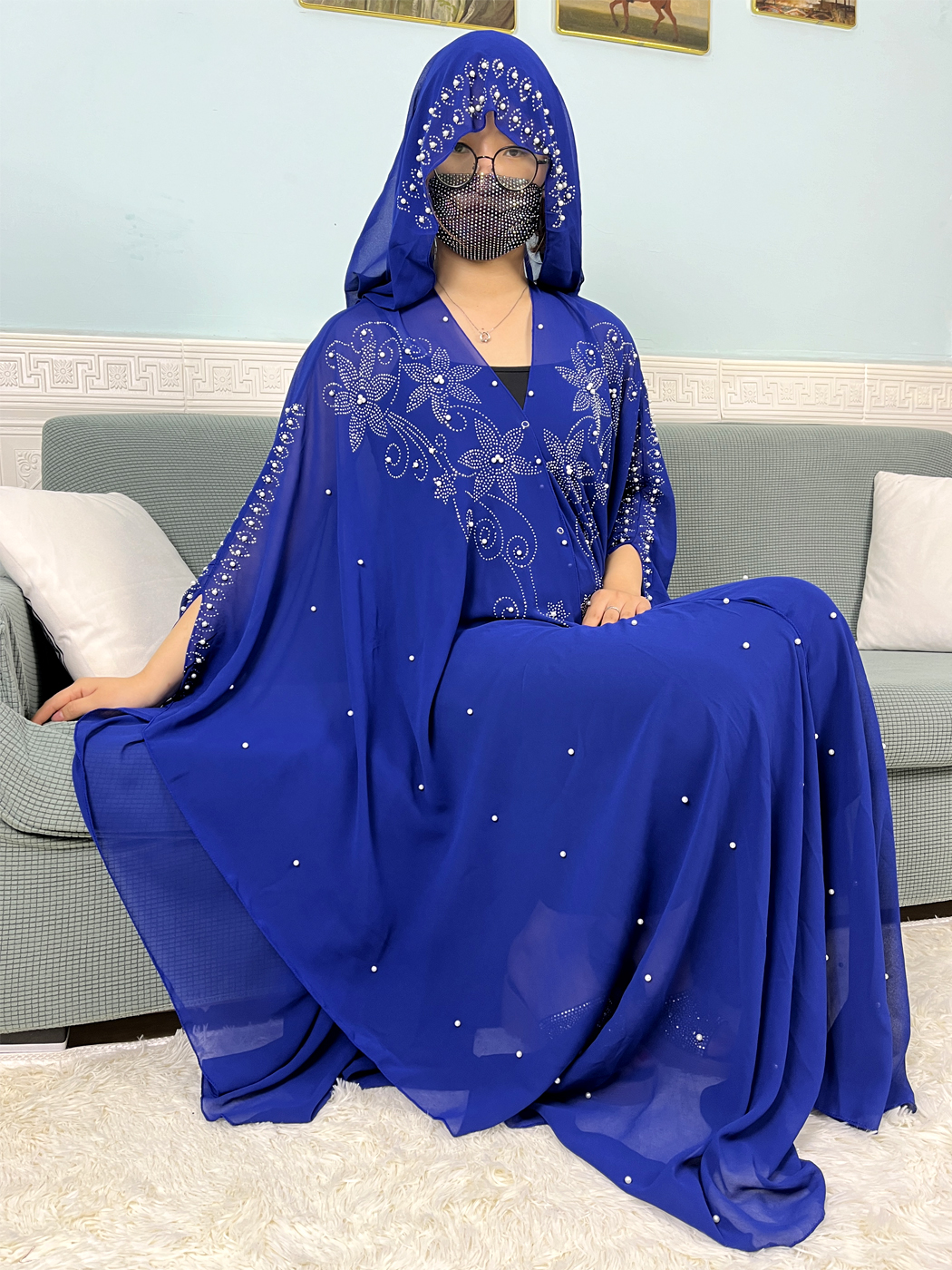 Abayas Ouverts Musulmans pour Femmes, Ensemble de Perles en Mousseline de Soie, Diamants, Dubaï, Ensembles de Vêtements de Prière Islamique, Robe Boubou Africaine à Capuche, 2024