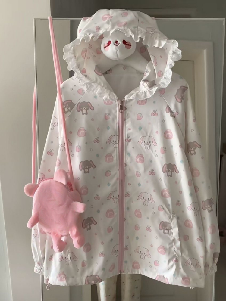 Vestes japonaises imprimées de dessins animés Kawaii, amples, Protection solaire décontractée Y2k, hauts en dentelle Patchwork, manteaux à capuche Preppy Grunge pour femmes