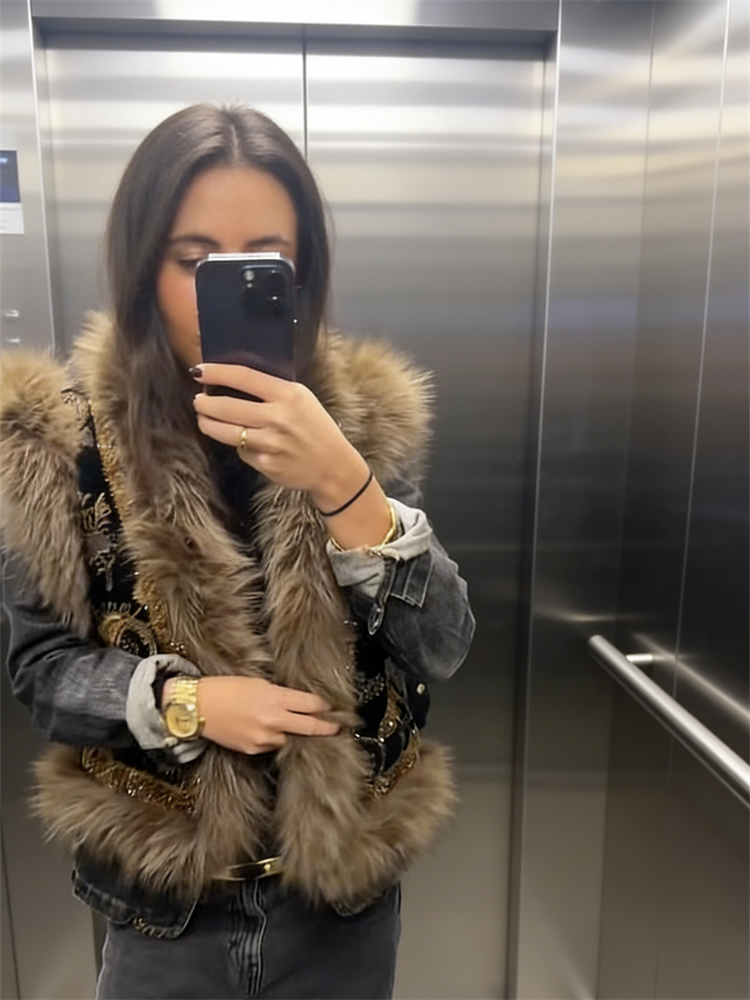 Gilet sans manches à motif Paisley Vintage pour femmes, avec garniture en fourrure de raton laveur, gilet à la mode, vêtements d'extérieur, Streetwear automne hiver 2025