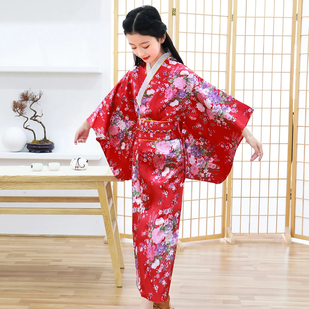 Peignoir Kimono japonais rouge pour enfants filles, vêtements de spectacle à fleurs imprimées Yukata avec Costume de Cosplay doux d'obrimoine