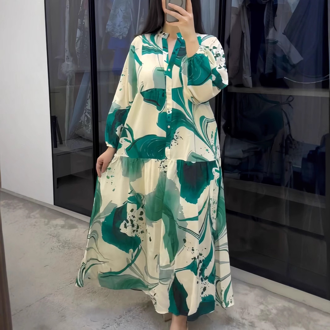 Robe longue élégante à imprimé Floral pour femmes, automne-hiver, manches longues, col en v, ample, Maxi, Robes décontractées, 2025