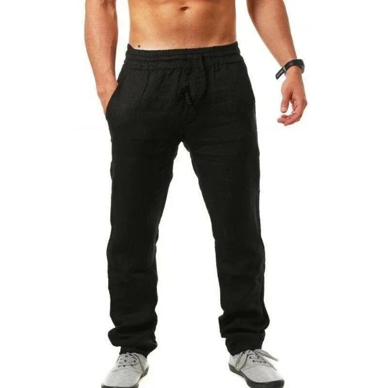 Pantalon Homme en Coton et Lin, Joggers Décontractés, Taille Élastique Unie, Coupe Droite Ample, Sport, Course à Pied, Grande Taille, Vêtements pour Hommes
