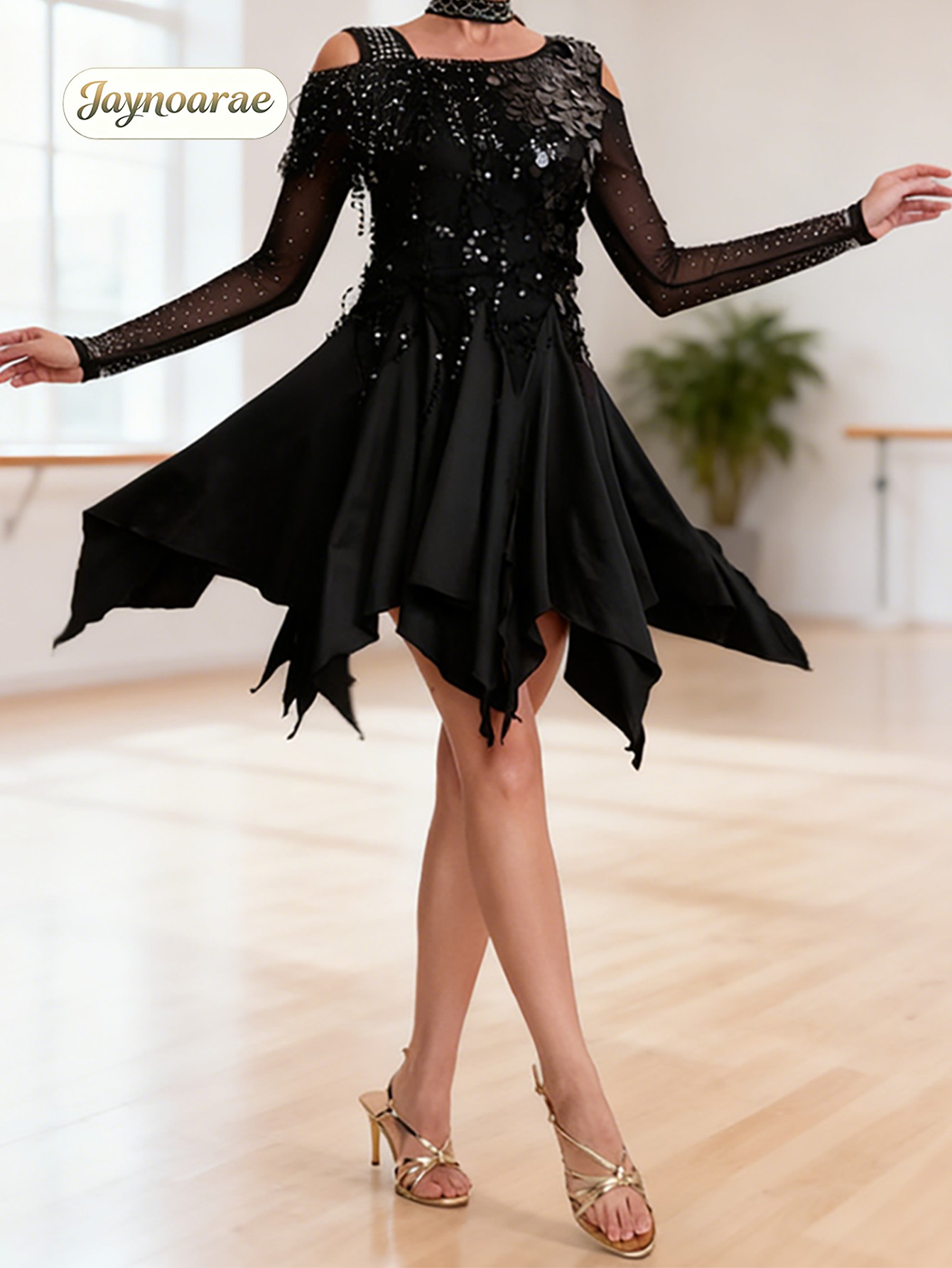 Robe de danse latine pour femmes JAYNOARAE, manches longues, à franges, pour salsa, rumba, tango, valse, costume de spectacle