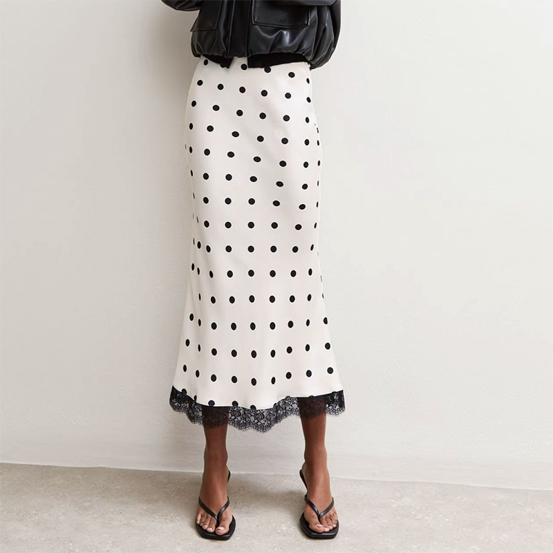 Jupe midi élégante en satin blanc à pois pour femme, avec patchwork de dentelle, taille haute, coupe ajustée, longue, collection été 2026, décontractée, pour le bureau et le streetwear