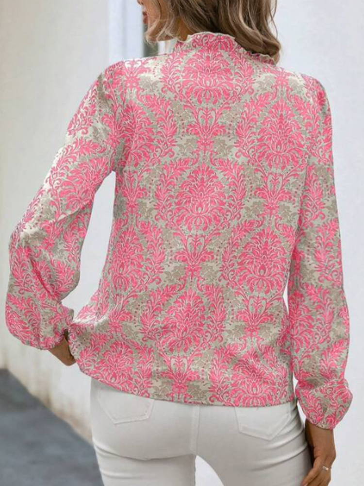 Chemise à manches longues pour femmes, col en v, manches lanternes plissées ornées, imprimé complet, boutonné, pour l'été et l'automne