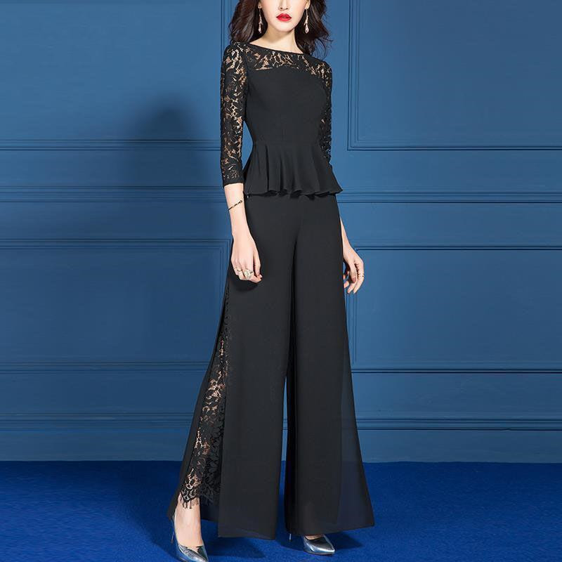 Femmes élégantes tenues 2025 printemps été pantalons de travail costumes OL 2 pièces coréen ample large jambe pantalon femme décontracté dentelle ensemble