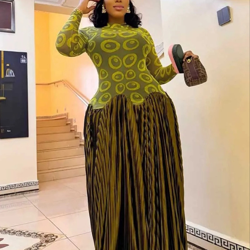 Nouvelle robe longue maxi plissée à manches longues et coupe évasée pour femme, imprimée, style africain, avec patchwork