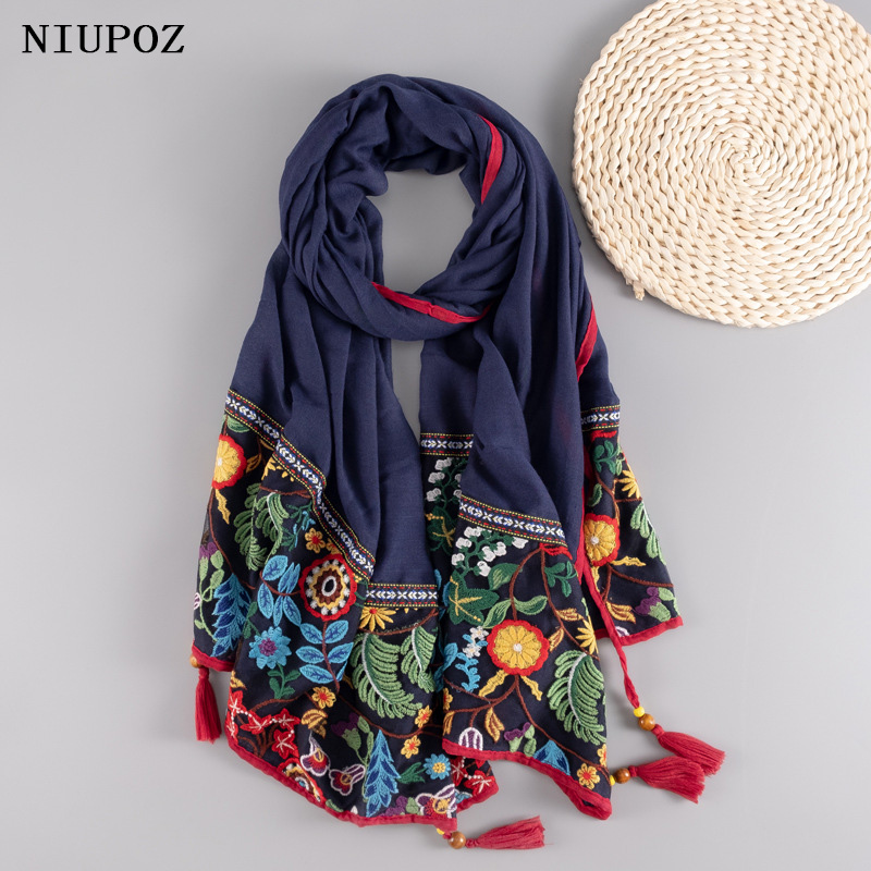 Foulard d'hiver brodé ethnique pour femmes, longue écharpe élégante à fleurs, châle Hijab musulman, beau voyage 85x180cm