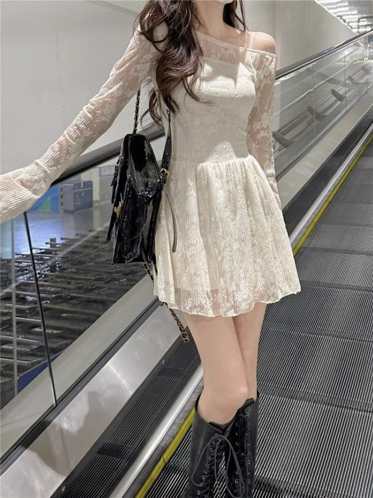 Robe en dentelle à manches longues pour femmes, Kpop complet, ample, tendance, courbe, Harajuku, épais, Style coréen, robes de vacances à la mode pour femmes