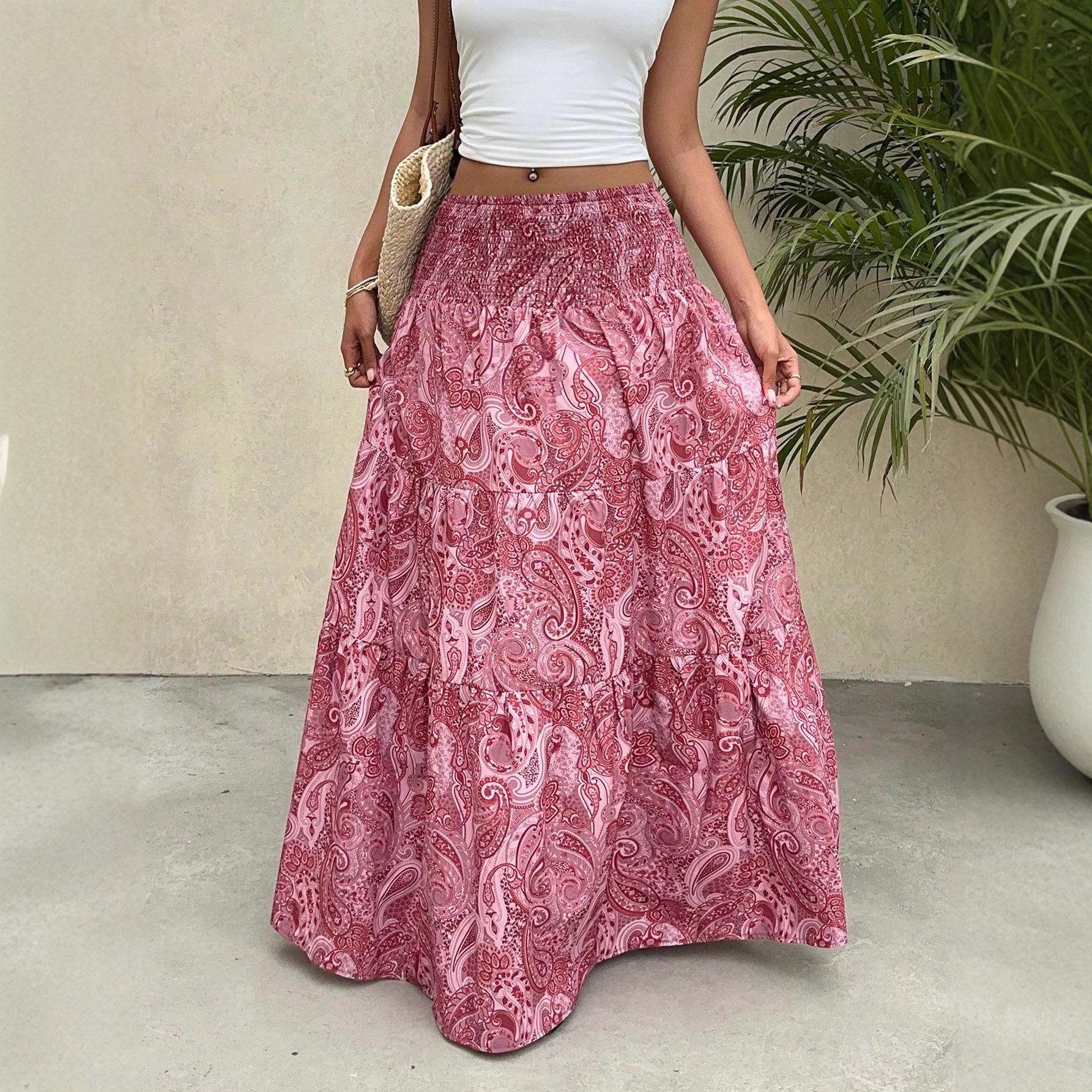 Jupe trapèze à imprimé bohème pour femme, nouvelle collection, confortable et décontractée, style vacances à la plage, taille élastique, longueur moyenne