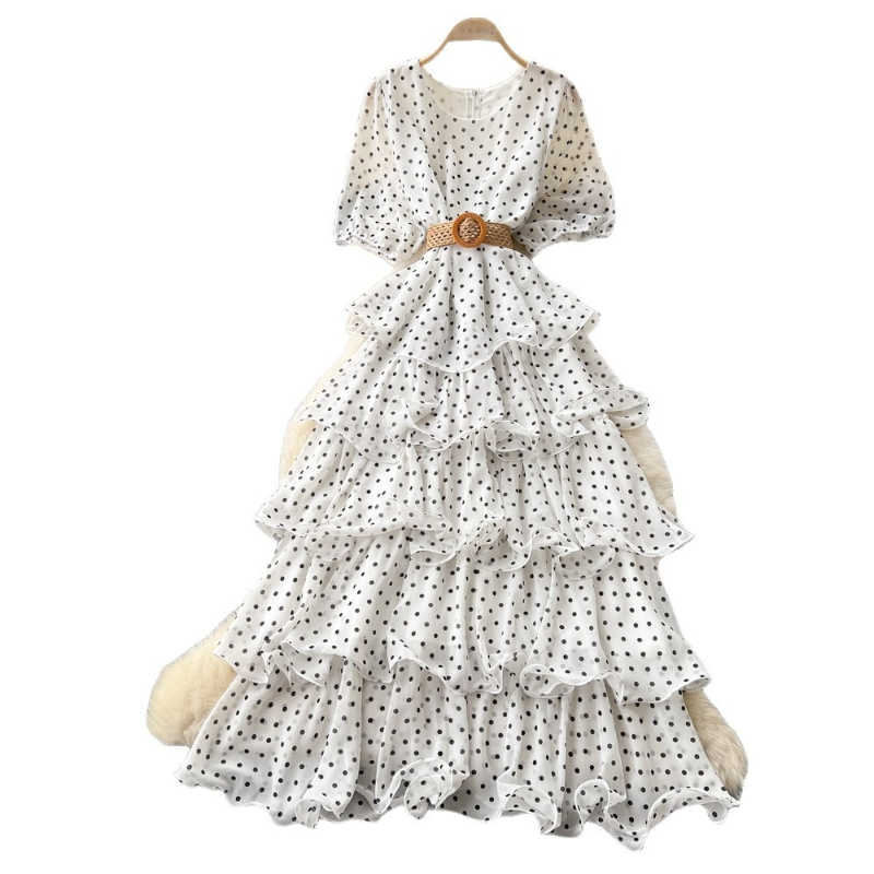 Robe longue pour femme, coupe trapèze, style Y2K streetwear, col rond, manches courtes, imprimé à pois, élégante pour soirée, fête, travail, 2026