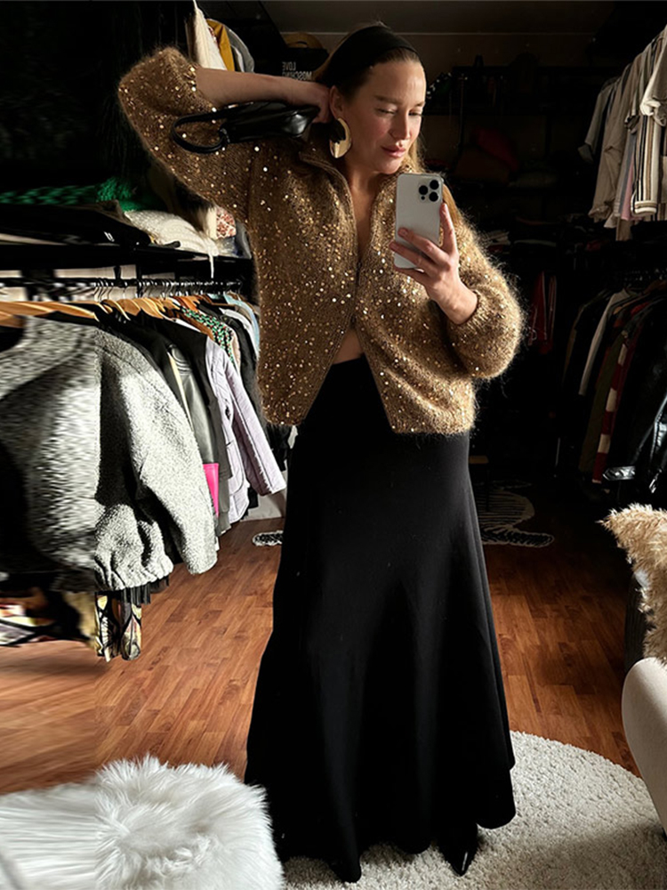Cardigan tricoté à paillettes pour femme, Chic, couleur unie, col montant, Double fermeture éclair, pull surdimensionné, tricot, élégant, hiver
