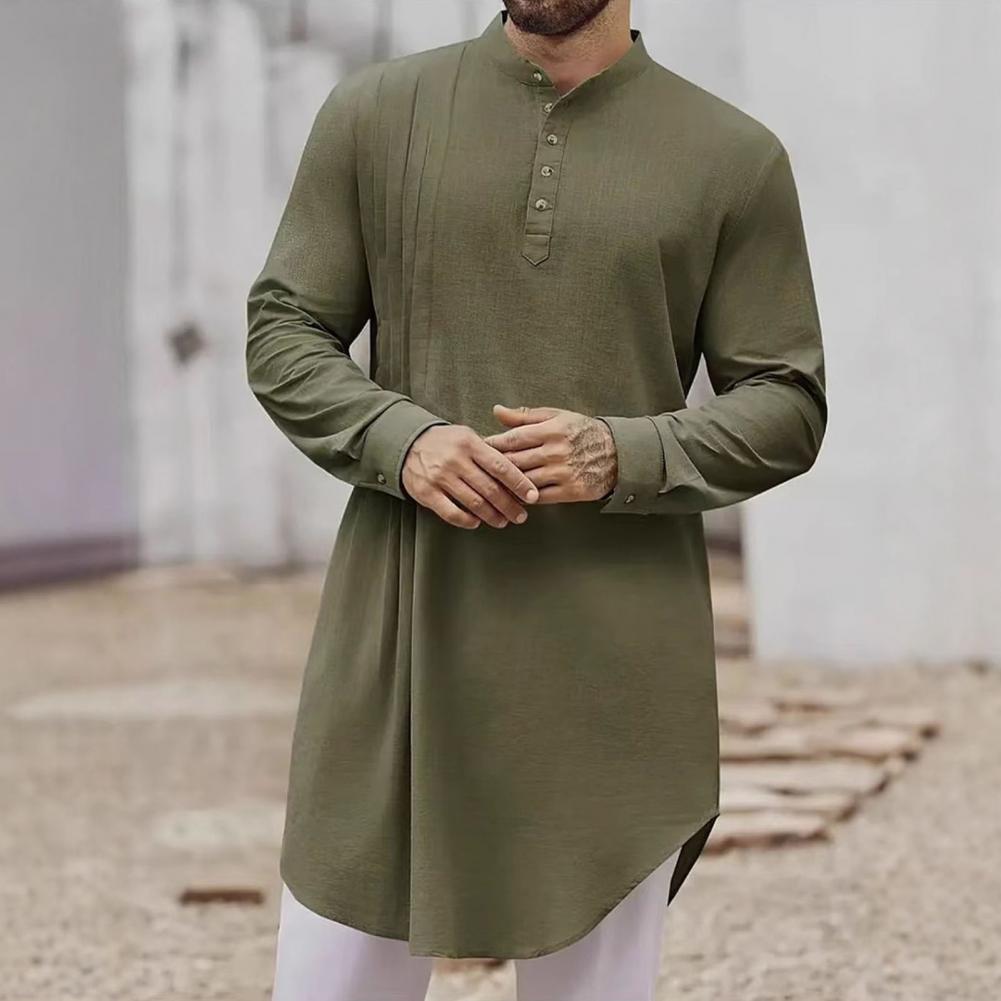 Robe caftan en coton et lin pour hommes – Thobe boutonné à manches longues pour la prière, style décontracté et arabe |   Respirant et confortable