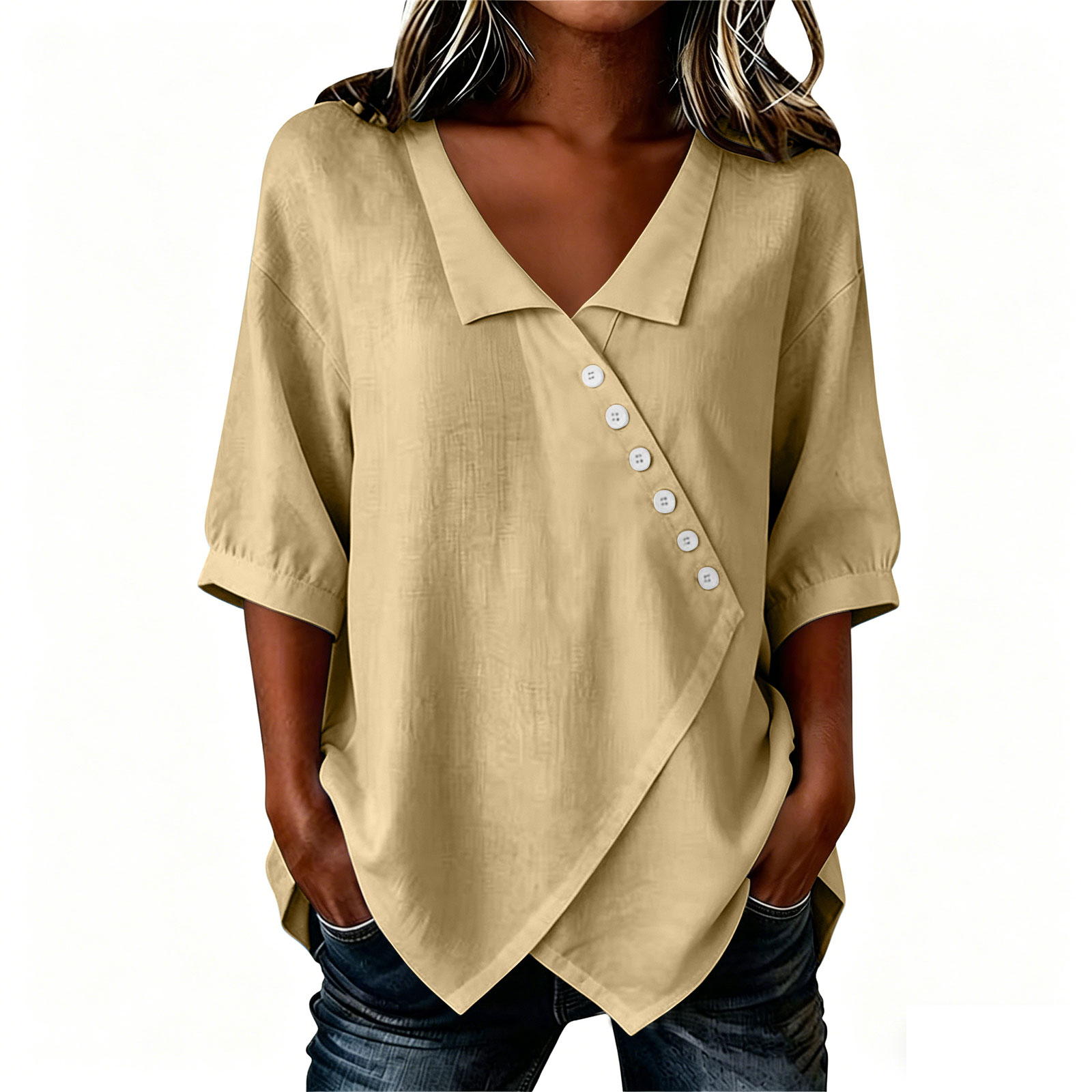 Blouses Femme Tendance 2026 – Blusas Mujer Élégantes en Coton et Lin pour l'Été – Tunique Décontractée à Col V et Manches Mi-Longues pour Dames