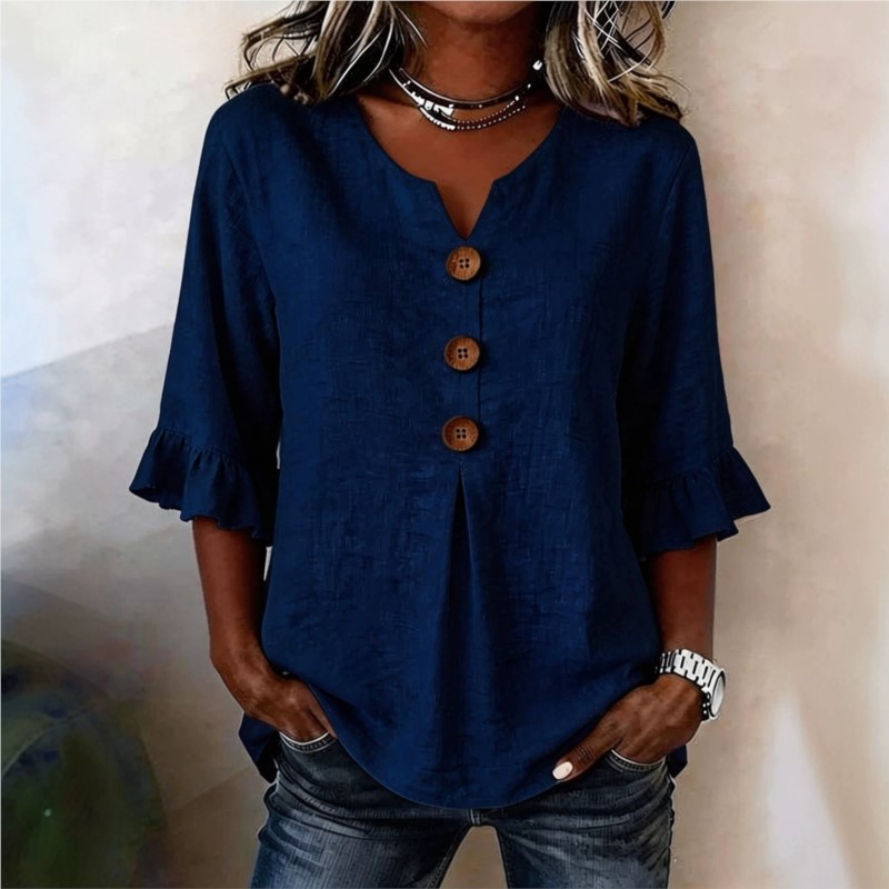 Nouvelle Blouse Décontractée Femme Col V Manches Sept Boutons Couleur Unie Été 2026 Respirante Vêtement Quotidien