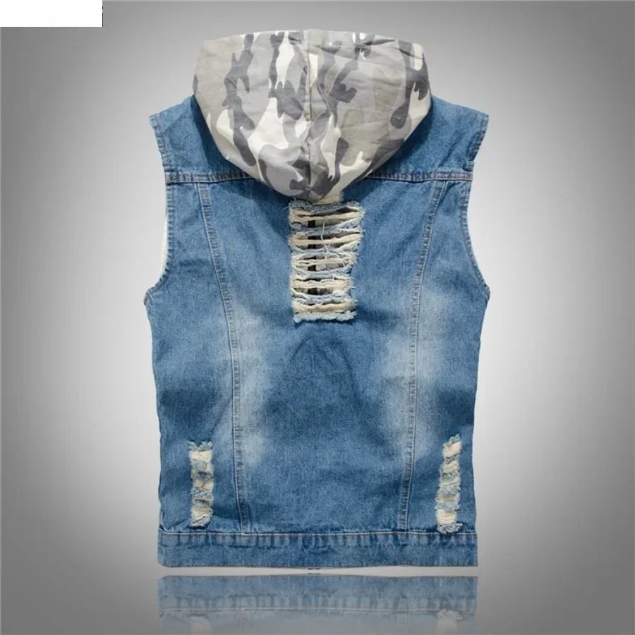 Nouveaux hommes Style coréen gilet mode mince Camouflage gilet à capuche Sport décontracté Denim gilet sans manches vestes pour hommes 5XL