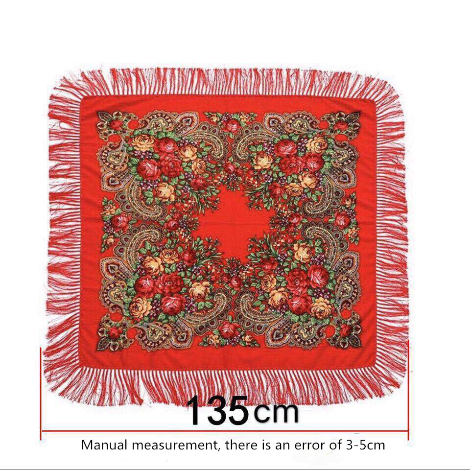 Grand foulard carré de Style russe pour femmes, châle rétro à franges en coton imprimé, enveloppes Hijab, châles ethniques, Bandana, 135x135cm