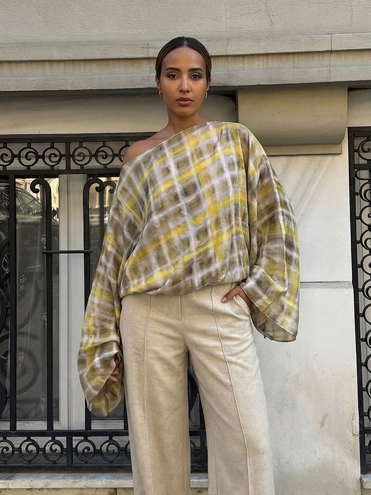 HH femmes décontracté ample mince cape manteaux chemise Plaid asymétrique Blouse avec écharpe 2026 tendance vacances d'été dame Chic hauts