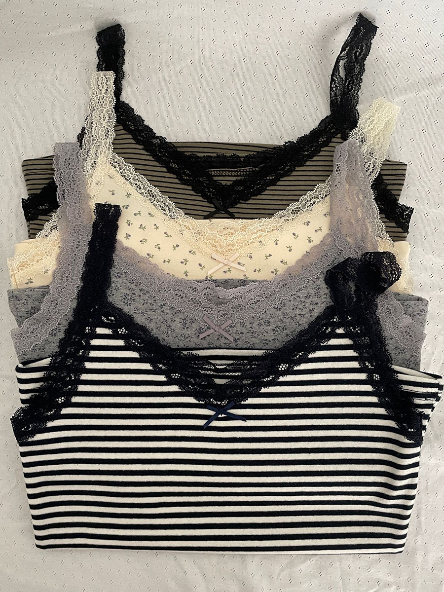 Haut court en coton pour femmes, garniture en dentelle avec nœud Floral, débardeur Slim sans manches, Style Preppy, Camisole douce et mignonne, vêtements Y2k, nouvelle collection été