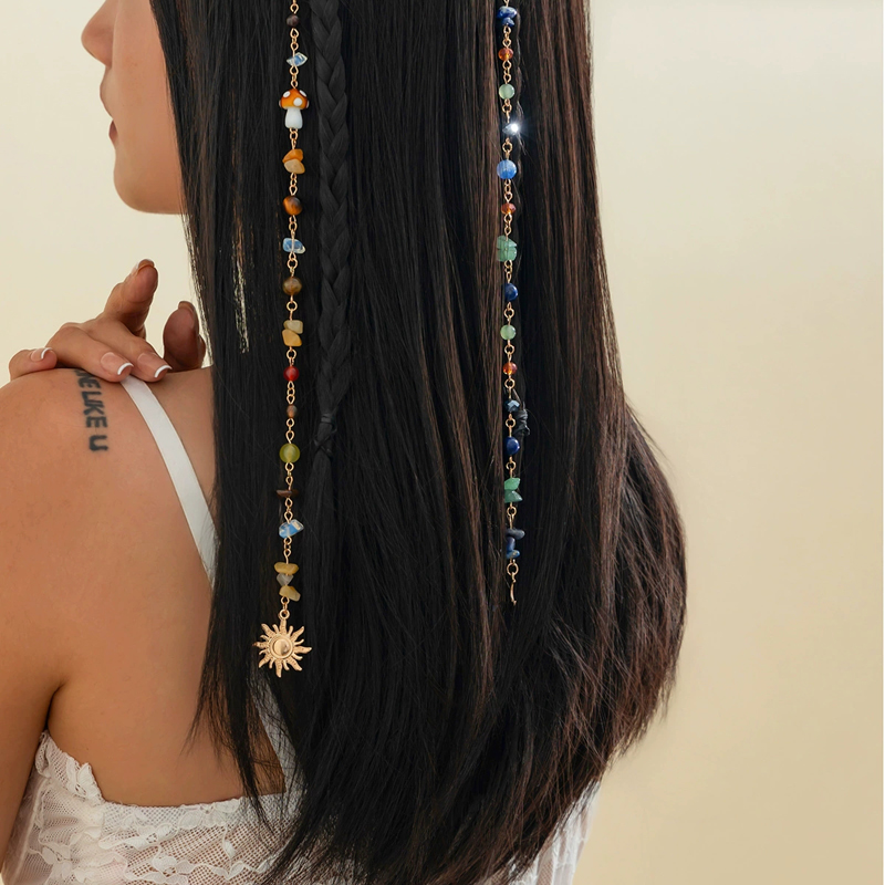 Chaîne de cheveux tressée à pampilles colorées irrégulières pour femmes, pendentif Boho exquis soleil lune, Dreadlock polyvalent, accessoires pour cheveux, cadeau