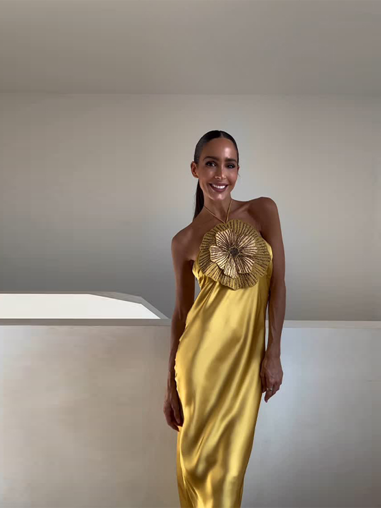 Robe de Soirée Élégante pour Femme, Robe Sirène en Satin à Fleurs 3D, Col Halter, Sans Manches, Dos Nu, Collection Été 2026, Chic et Tendance
