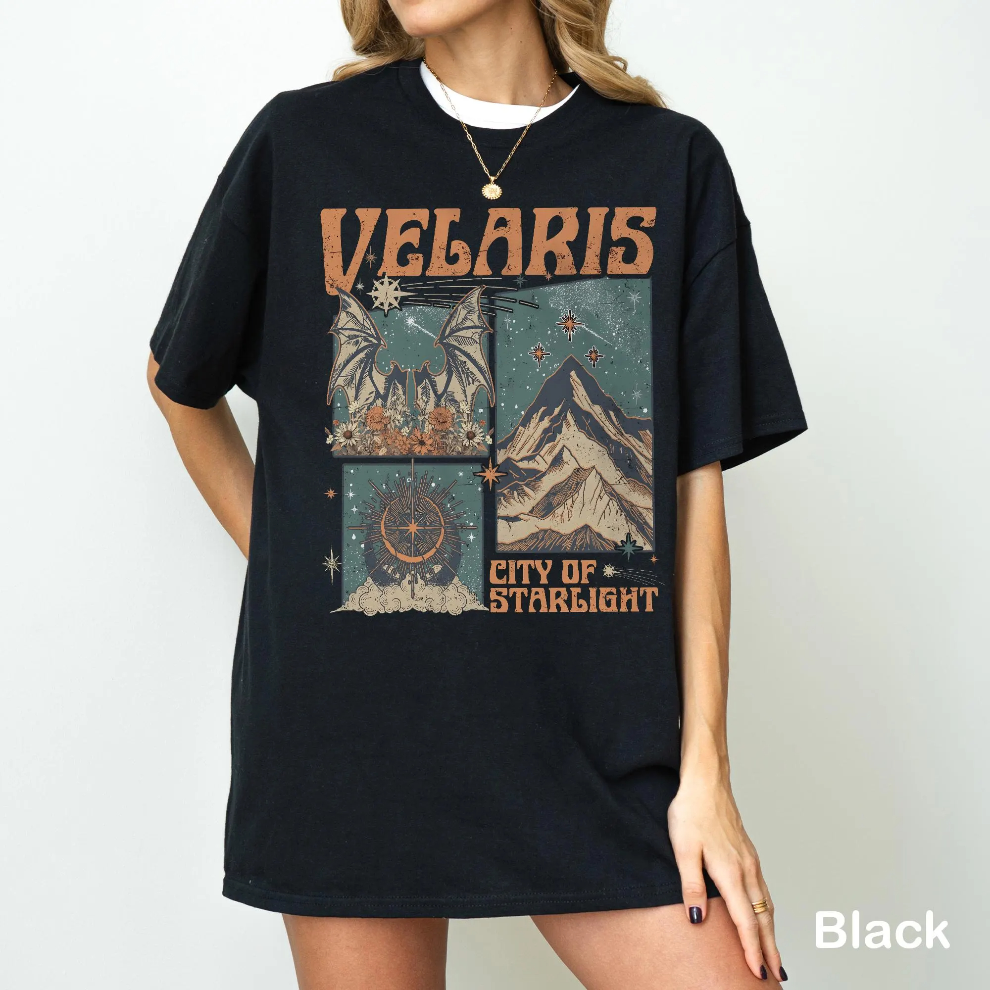 T-shirt Vintage Velaris PNG pour femmes, grande taille, été, City of Starlight, en coton respirant, élégant, polyvalent, style streetwear, surdimensionné