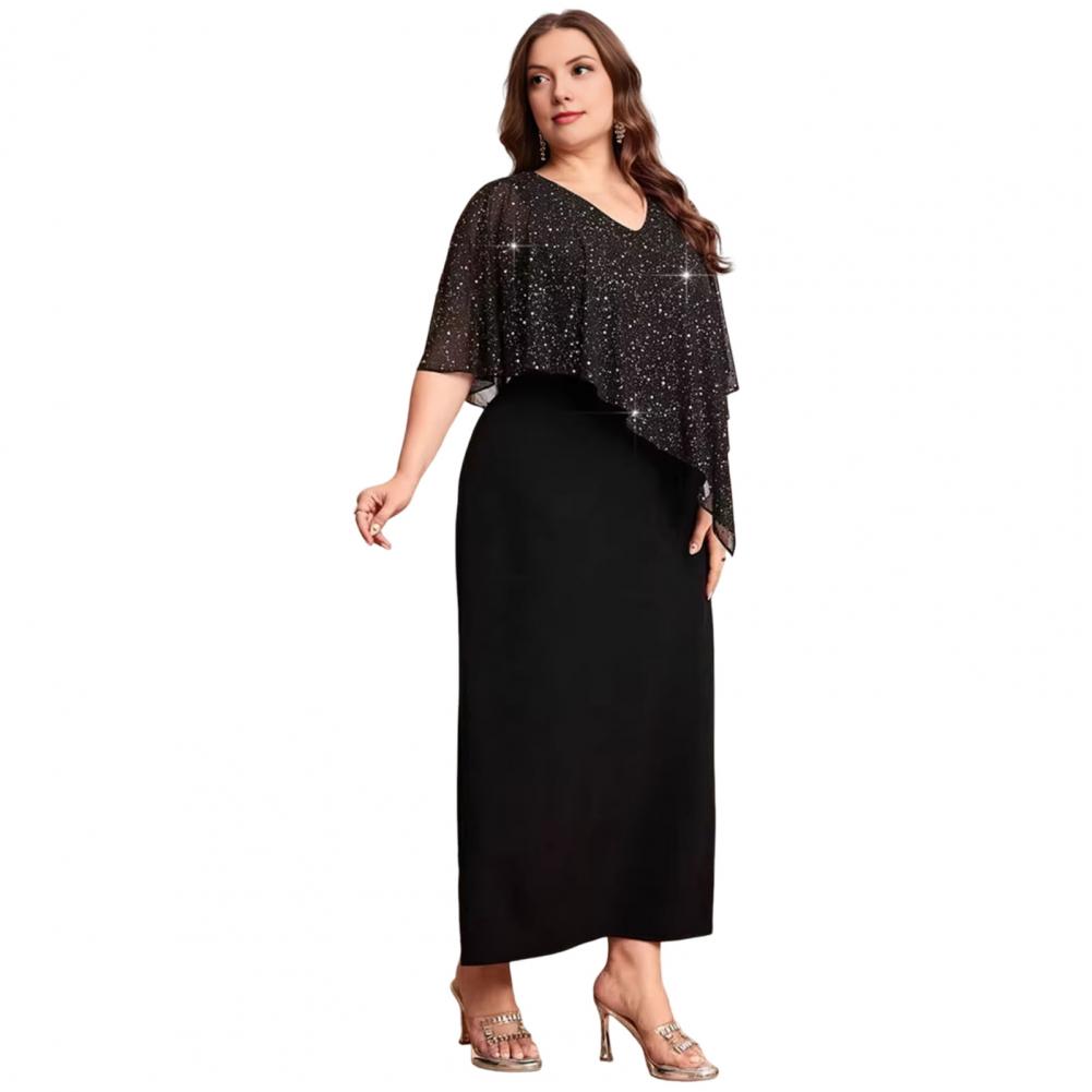 Robe Midi Ample Col Rond Grande Taille Femme 2026 – Robe de Soirée Élégante en Mousseline de Soie à Paillettes Sexy pour Femme – Vêtement Féminin Été Automne
