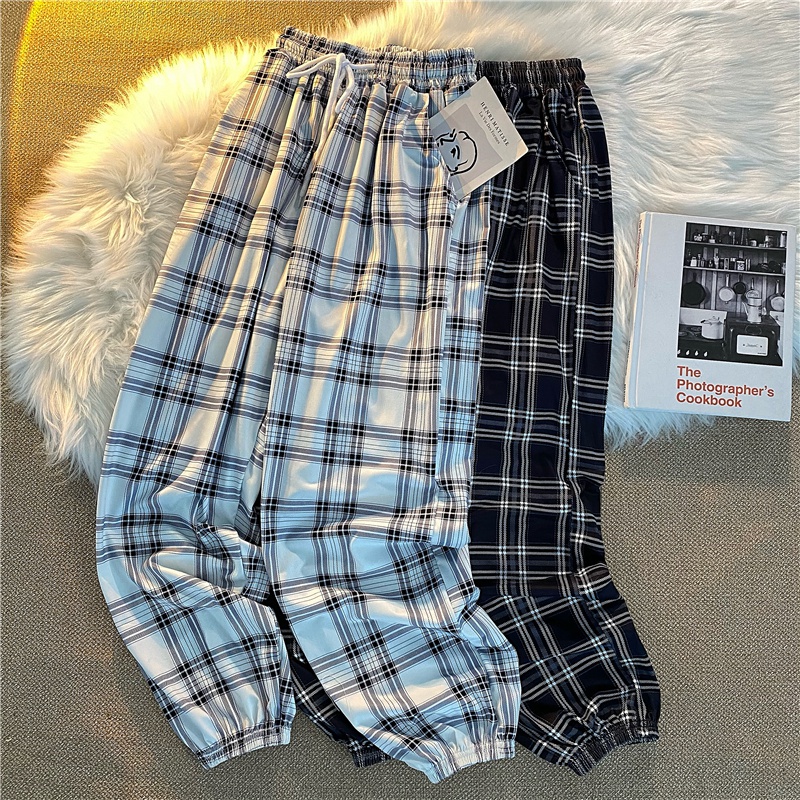 Pantalons femmes nouveau bouquet de pieds mode ample noir Plaid été Harajuku étudiants Streetwear sarouel pantalons longs femmes Chic