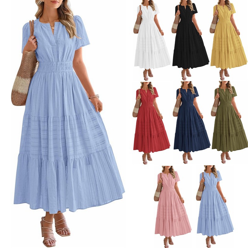 Robe longue bohème pour femme, col en V, manches bouffantes plissées, patchwork, robes de soirée mi-longues plissées XRFZC-RX9938