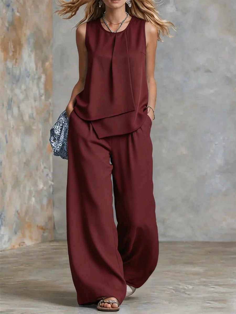 Ensemble 2 pièces pour femme, été, uni, sans manches, haut superposé asymétrique, pantalon taille haute à jambes larges, élégant, décontracté, pour le bureau