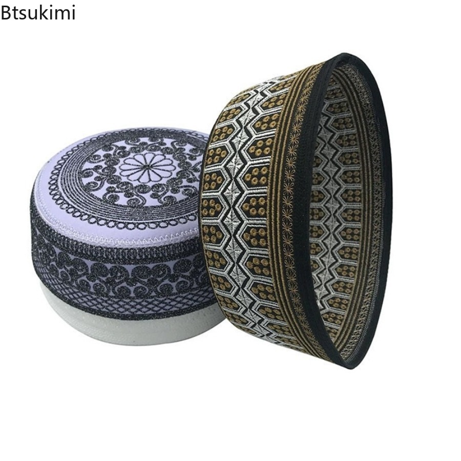 Chapeaux Turban brodés en relief pour hommes, chapeau de prière islamique Kufi respirant, Eid Ramadan, Hijabs, casquettes à la mode, chapeaux de crâne musulmans