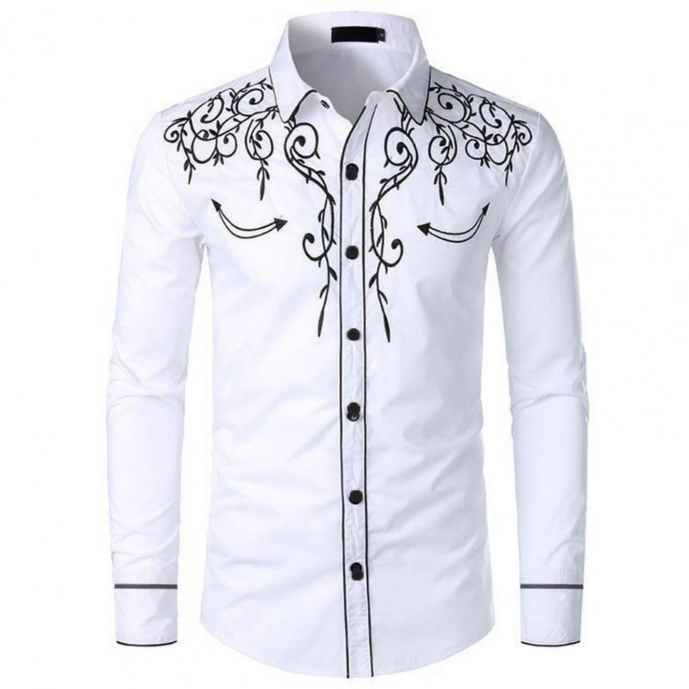 Chemise brodée à la mode pour hommes, Style Cowboy occidental, manches longues, col à revers, simple boutonnage, chemise brodée, haut décontracté