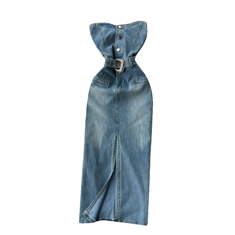 Robe en jean femmes robes fourreau Vintage Sexy robes sans manches dos nu ceinture lavée taille serrée fendue robe d'été 2025