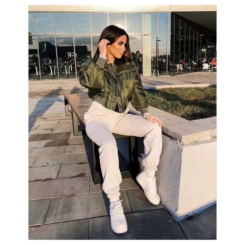 Blouson à manches longues et poches pour femme, streetwear chic, avec fermeture éclair, élastique, à la mode, 2020