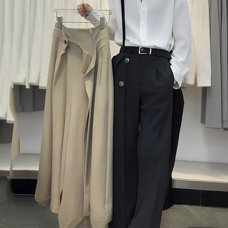 [EWQ] Jupe mi-longue élégante taille haute pour femme avec bords à volants, jupe mi-longue kaki simple, vêtement bas polyvalent pour le printemps