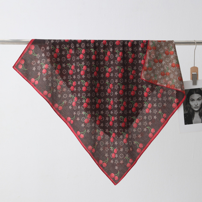 Nouvelle Écharpe Carrée Imprimée Double Face en Soie pour Femme, Motif Cerise Rétro, 90 cm, Tendance 2026, Polyvalente et de Qualité Supérieure