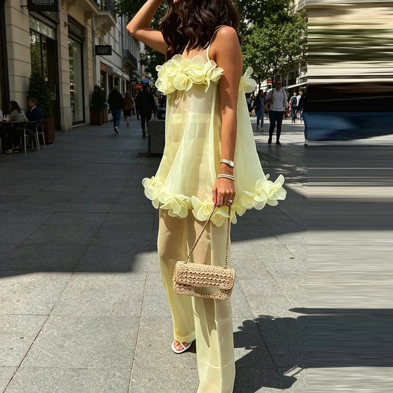 Ensemble 2 pièces décontracté pour femme : débardeur sans manches à col rond et pantalon long, imprimé floral, coupe ample, style sexy et transparent, idéal pour la plage ou les soirées d'été